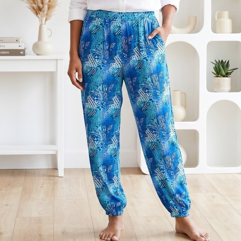 Ashley Stewart Jogger Pants Womens 18/20 Blue Animal Print Banded Ankle Flowy